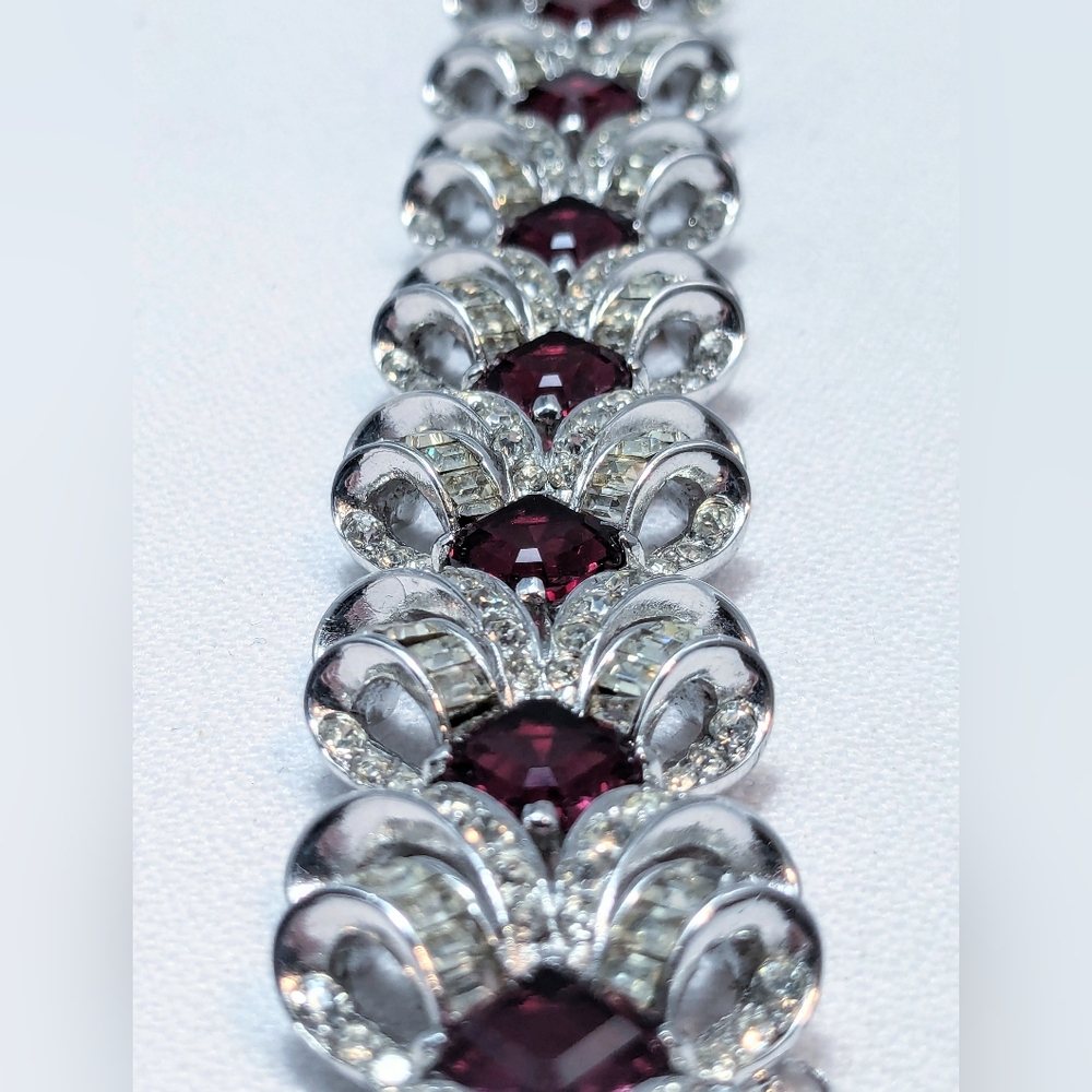 Vintage Marcel Boucher Ruby Coloured Glass Rhodium Plated Bracelet - Picture 8 of 13